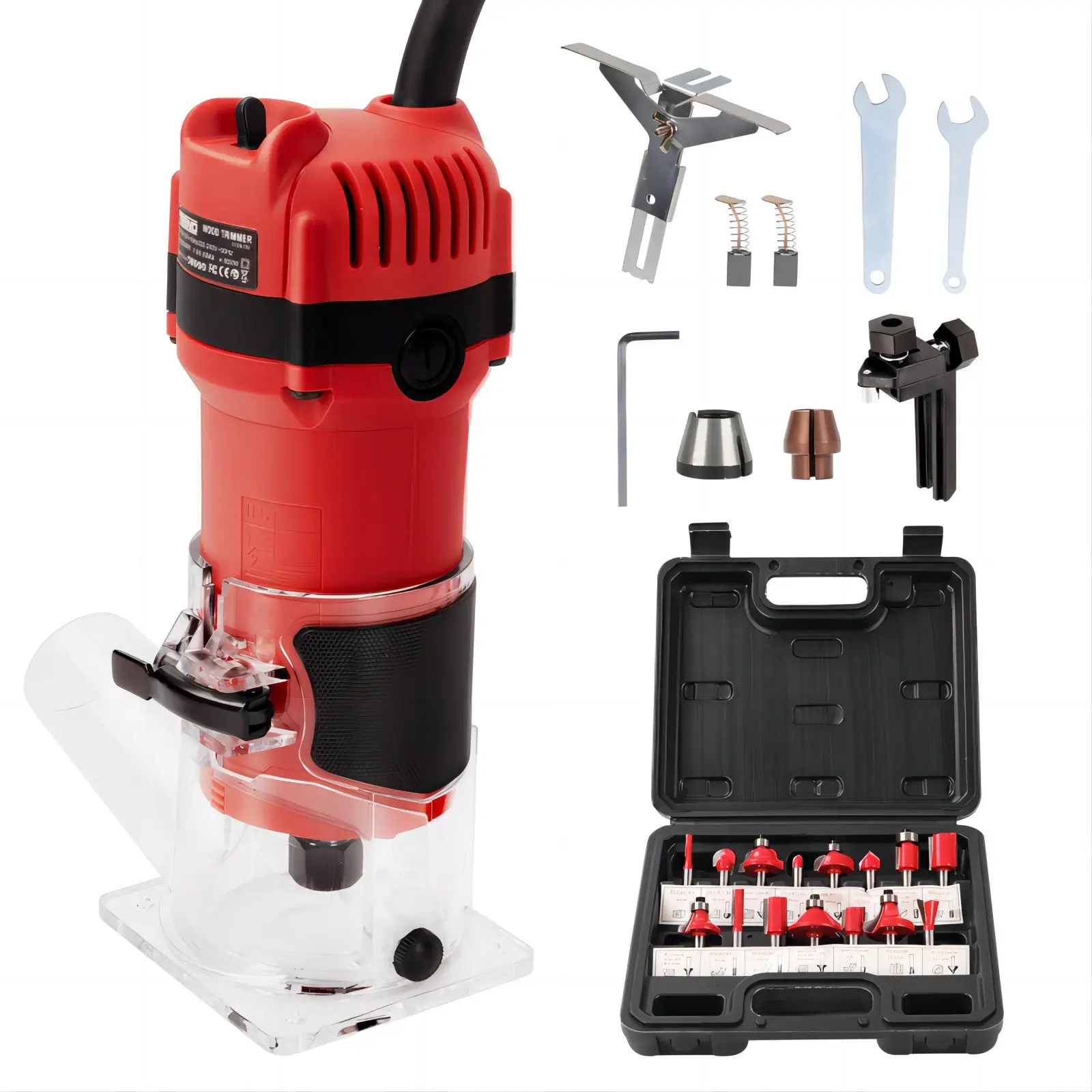 Affleureuse Électrique 800W 31000 RPM Avec Housse anti Poussière, Affleureuse à Bois Avec 15 Fraises Queue de 1/4″, Base Fixe Mèches 6/6.35 mm, Pour