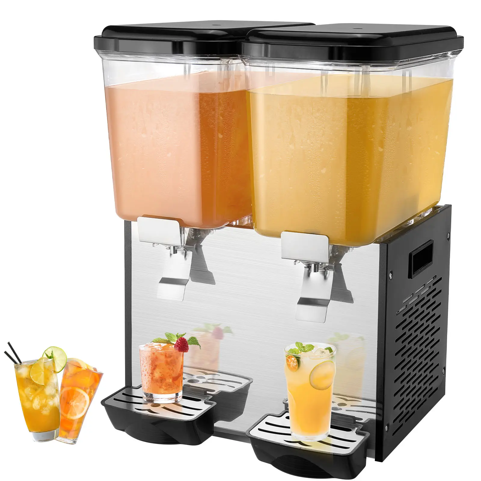 VEVOR Distributeur boissons commercial, 2×18 L, 370 W. Jus, thé glacé inox, refroidissement 45-54 °F.