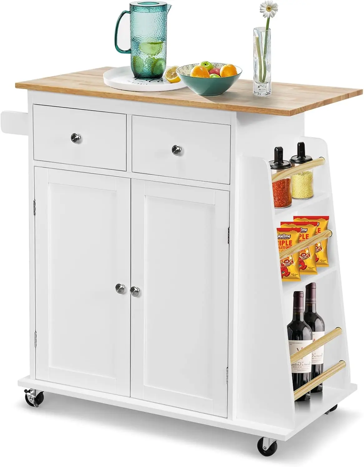 Desserte de Cuisine sur roulettes Plateau en Bois, Porte-Serviettes, 1 Tiroir 88x46x90cm, Blanc
