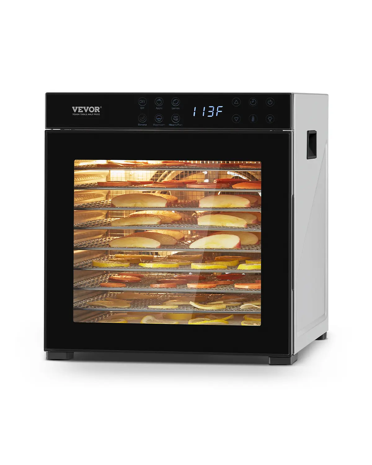 VEVOR Déshydrateur alimentaire 10 plateaux inox 1000W, température/minuterie réglables, pour viande, fruits, légumes.