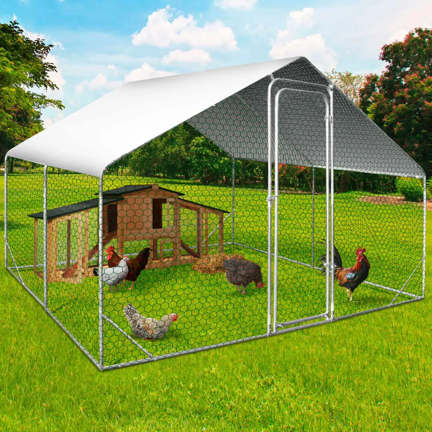 Enclos poulailler 9 m² 3×3 m avec toit étanche et porte – Acier galvanisé – ID Market