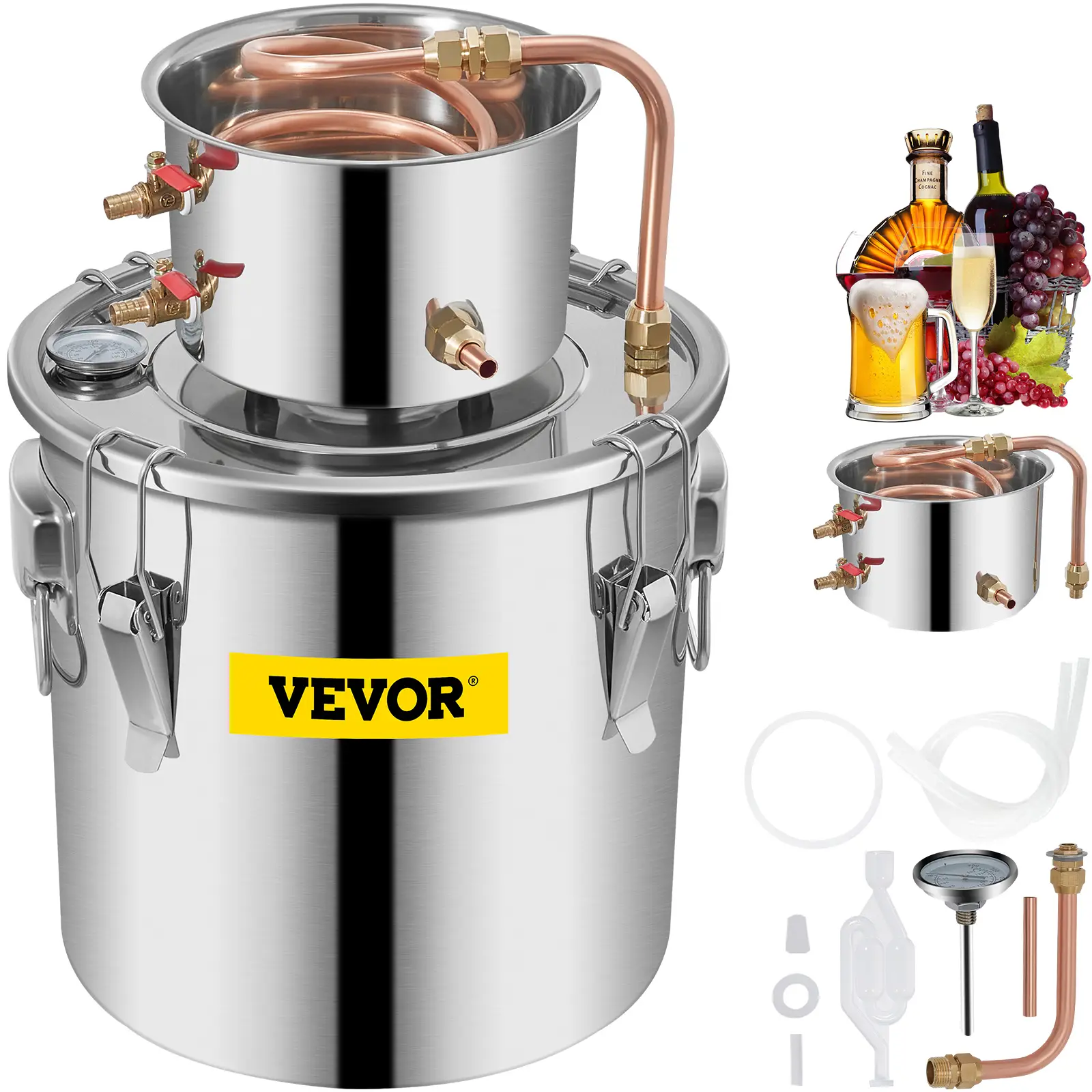 VEVOR Distillateur alambic 11.4L inox, avec pompe, pour alcool, eau, whisky, brandy, huiles essentielles.