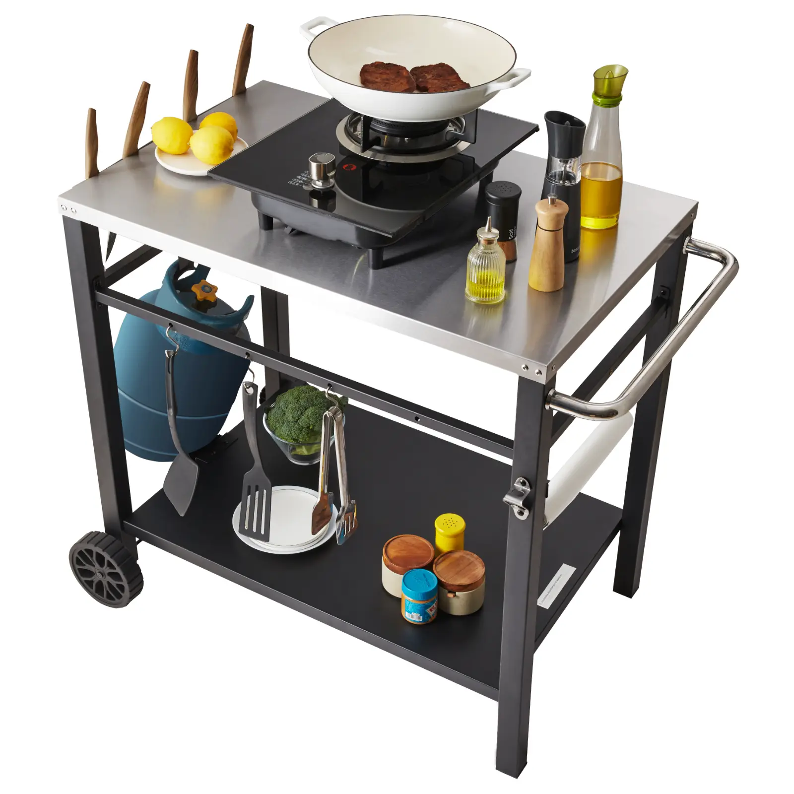 VEVOR Desserte plancha 2 niveaux, grand plan de travail inox 85×55 cm. Sur roulettes, pour BBQ, jardin.
