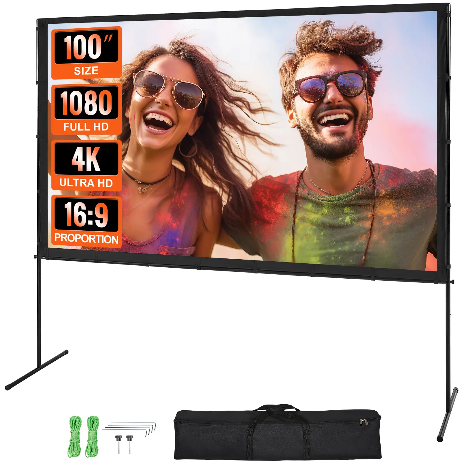 VEVOR Écran projection sur pied portable 100 pouces 16:9 HD, double face anti-plis, sac.