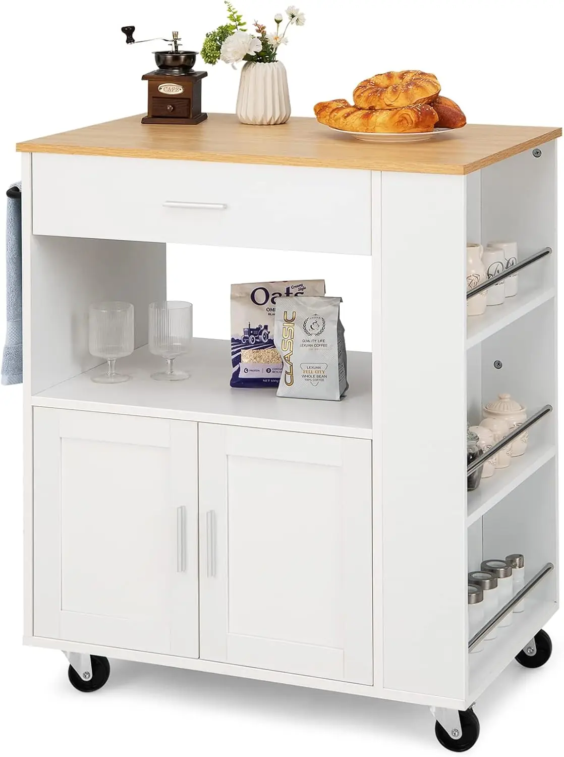 Desserte de Cuisine sur roulettes, îlot Chariot de Cuisine 3 Casiers à Épices, 82x50x92cm, Blanc