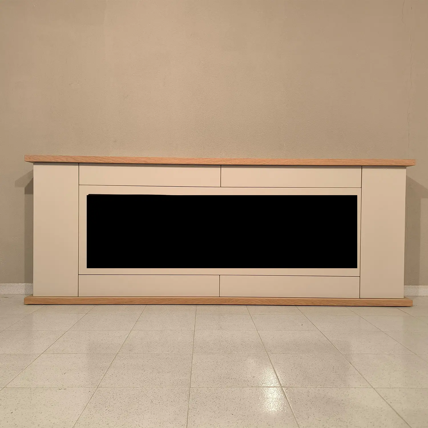 Meuble bois gris Sian plateaubase chêne niche pour cheminee electrique 1500W