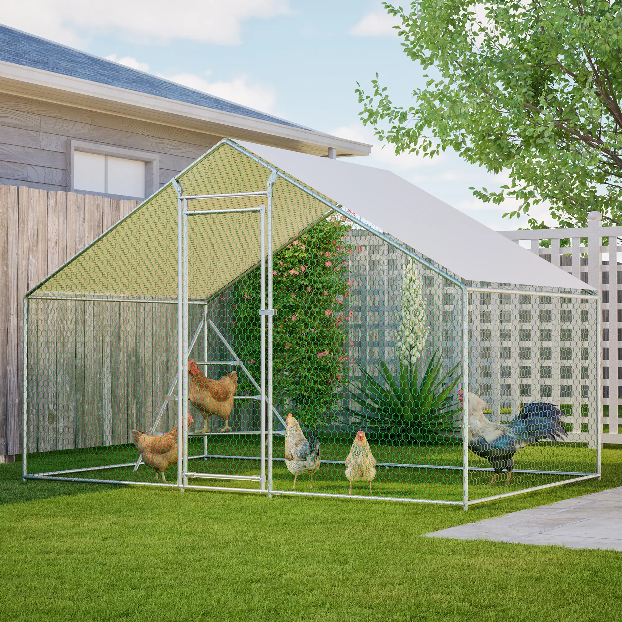 Enclos Poulailler Acier Jardin Volière avec Toit et Perchoir 6m² 3x2m Blanc – ComfortXL Outdoor Living