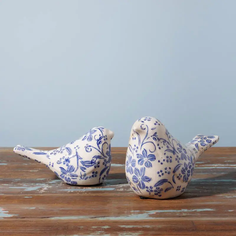 Ensemble 2 oiseaux Bucolique grès 11x21x9cm