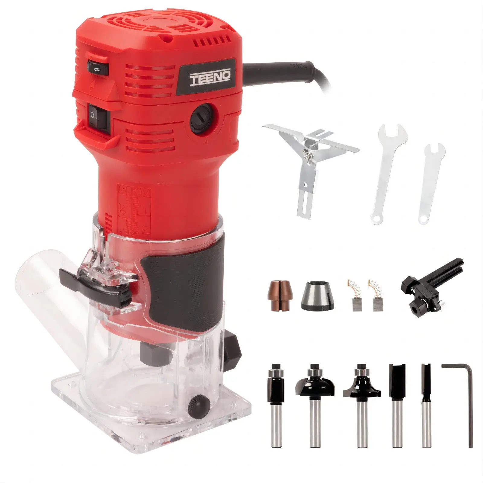 Affleureuse Électrique 650W 15000-32000 RPM Avec Housse Anti Poussière, Affleureuse à Bois Avec 5 Fraises Queue de 1/4″, 6 Vitesses Variables, Base