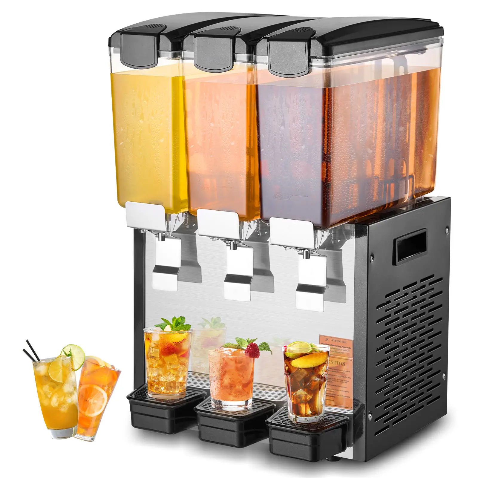 VEVOR Distributeur boissons commercial, 3×10 L, 440 W. Jus, thé glacé inox, refroidissement 45-54 °F.