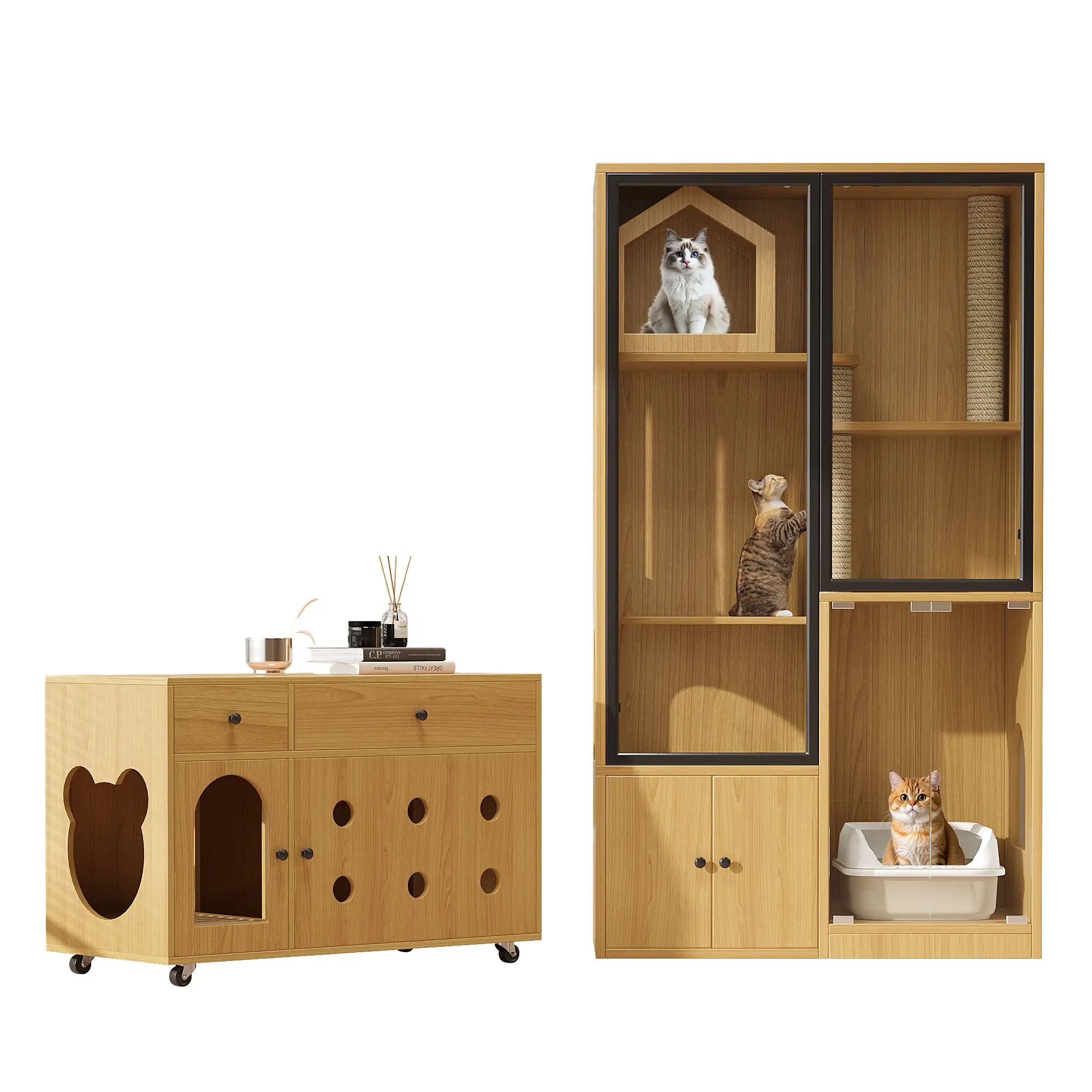 Enclos pour chats en verre et bois, avec rangement pour litière, couleur érable, 90 x 50 x 160 cm – PANGIVO