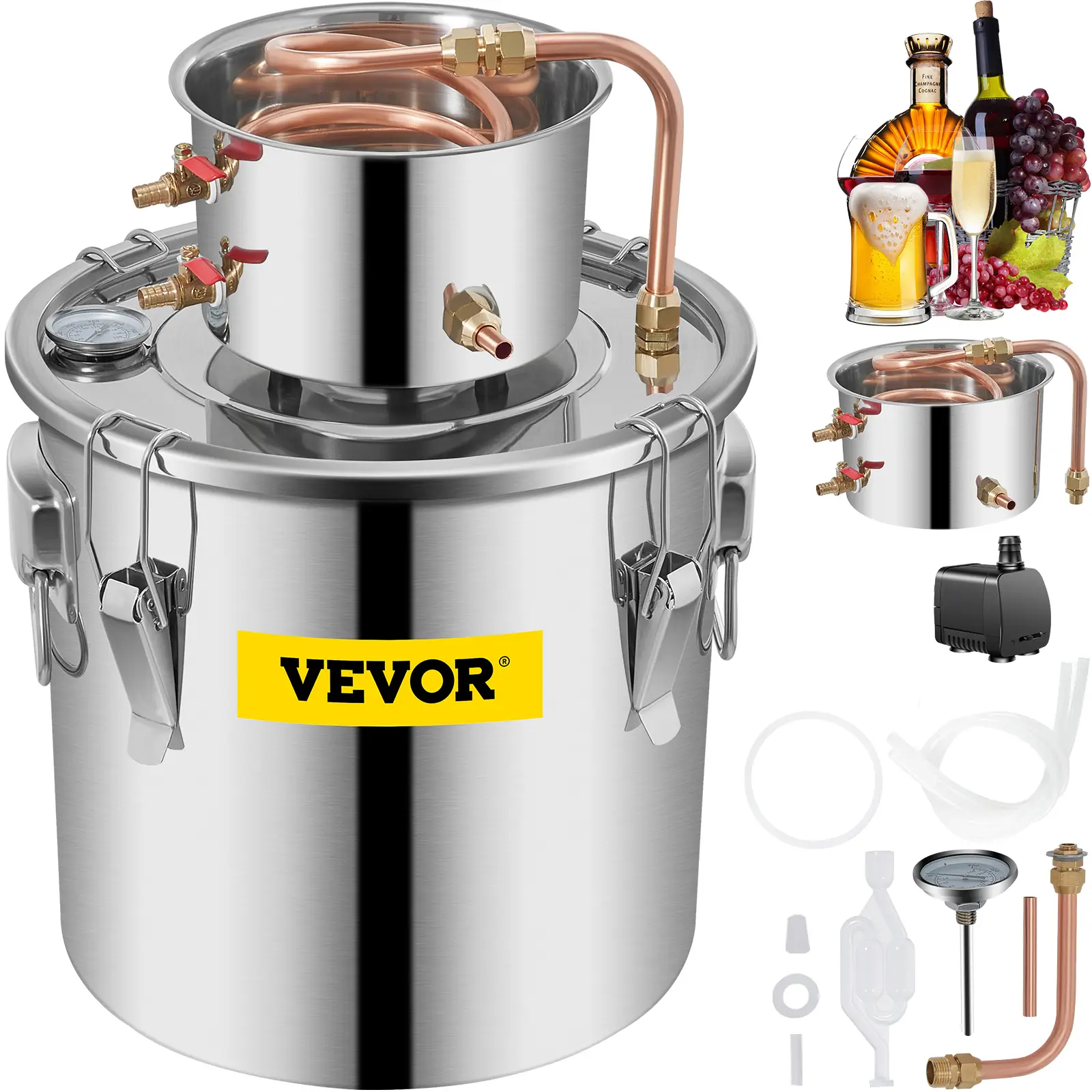 VEVOR Distillateur alambic 30L inox avec pompe, pour alcool, eau, whisky, brandy, huiles essentielles.