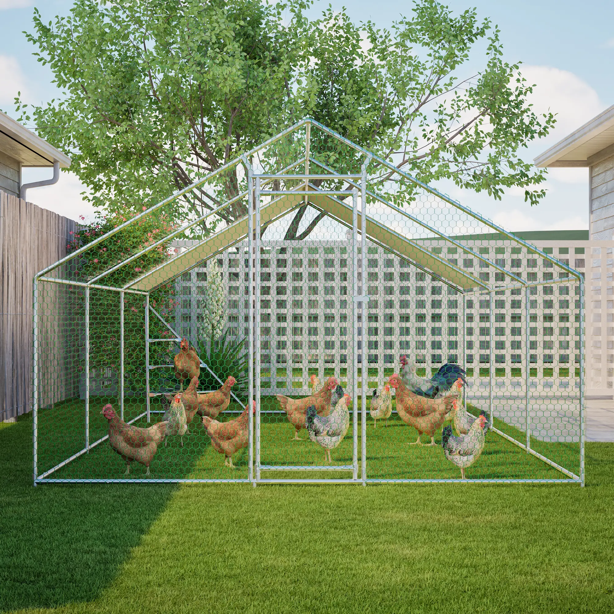 Enclos Poulailler Acier Galvanisé 18m² Volière avec Toit et Perchoir 3x6m – ComfortXL Outdoor Living