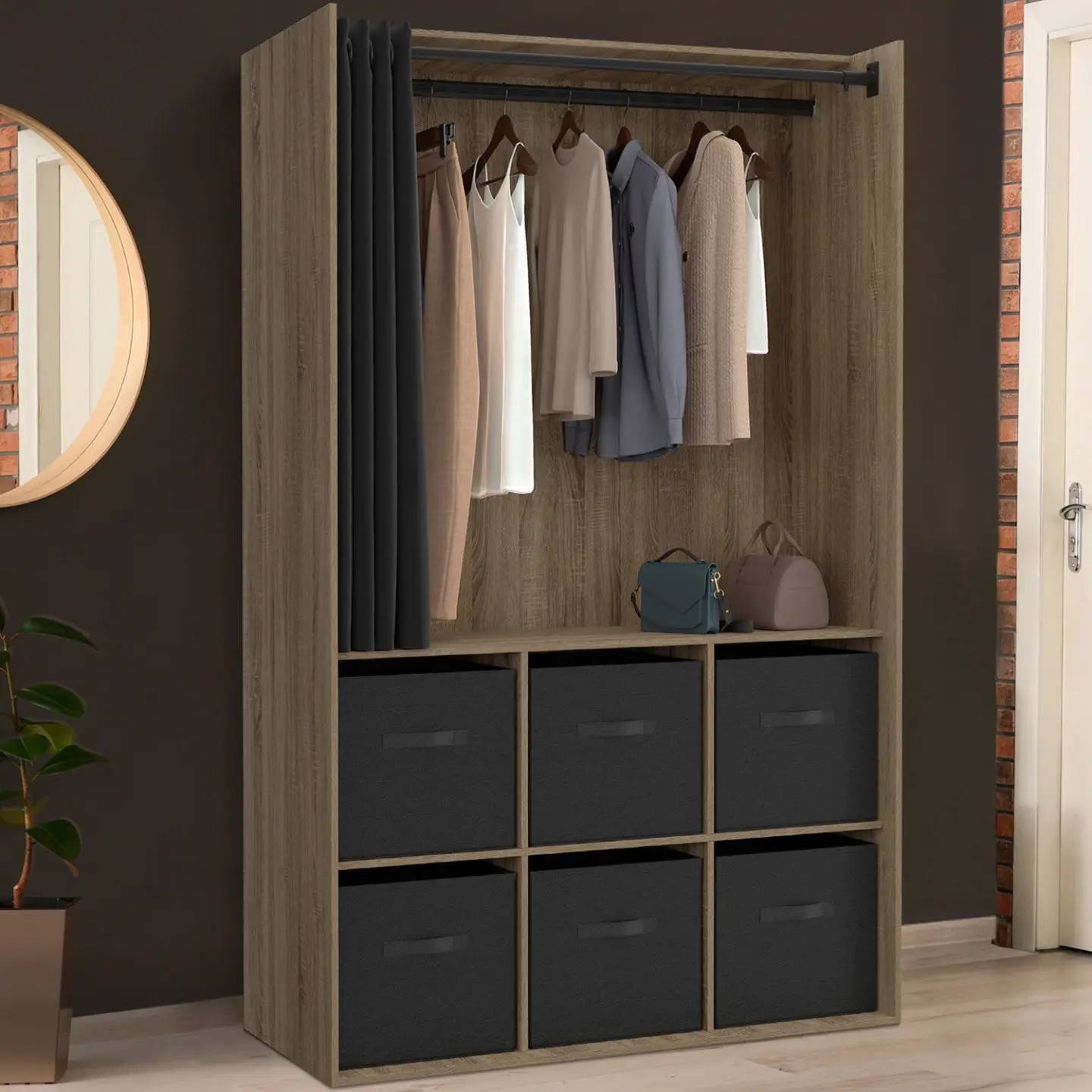 Dressing penderie DIANE 104 x 50 x 172 cm hêtre avec 6 boites de rangement + rideau noir