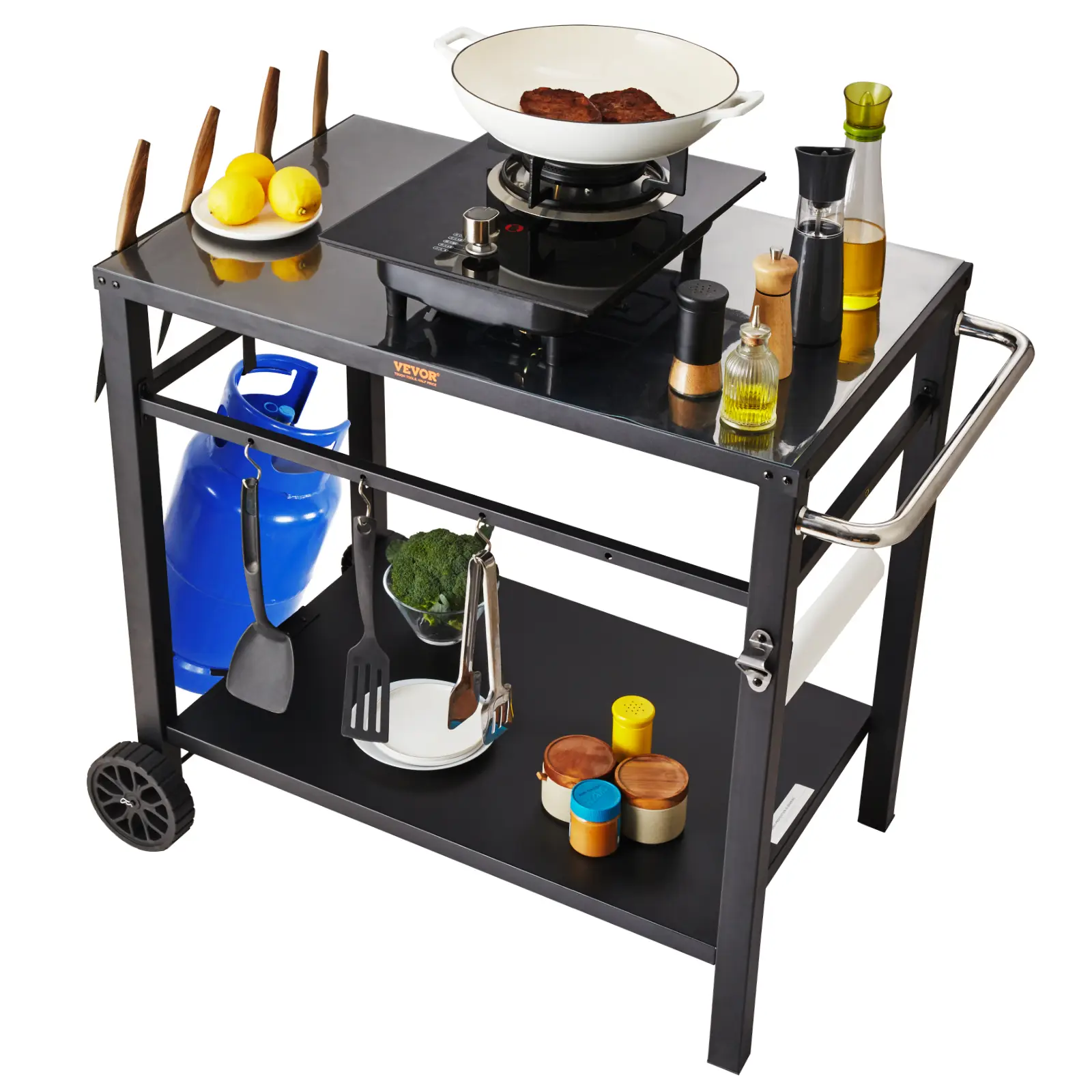 VEVOR Desserte plancha 2 niveaux, plan travail 85×55 cm. Roulettes, BBQ, jardin.