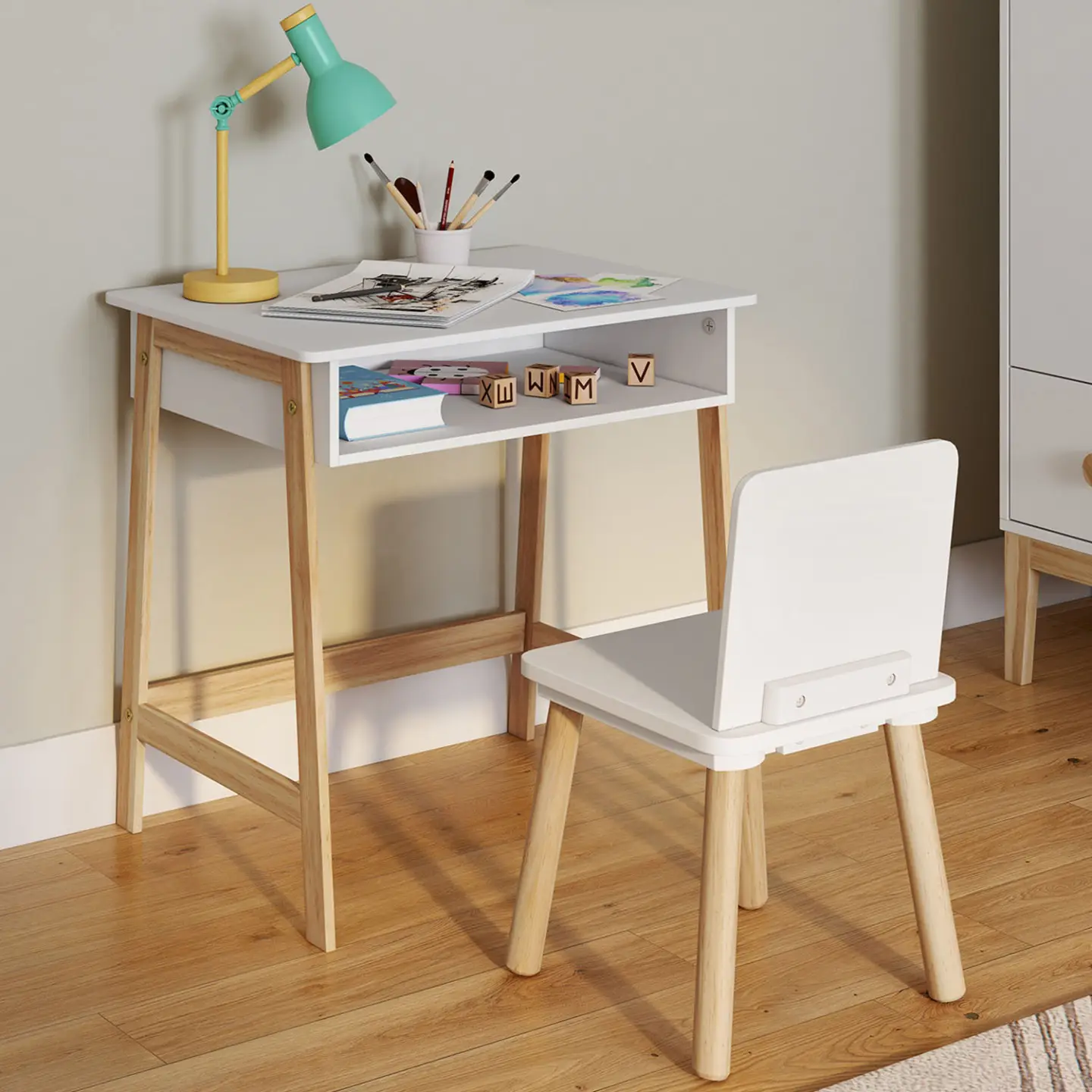 Ensemble bureau enfant ANATOLE avec niche et 1 chaise blanc et bois