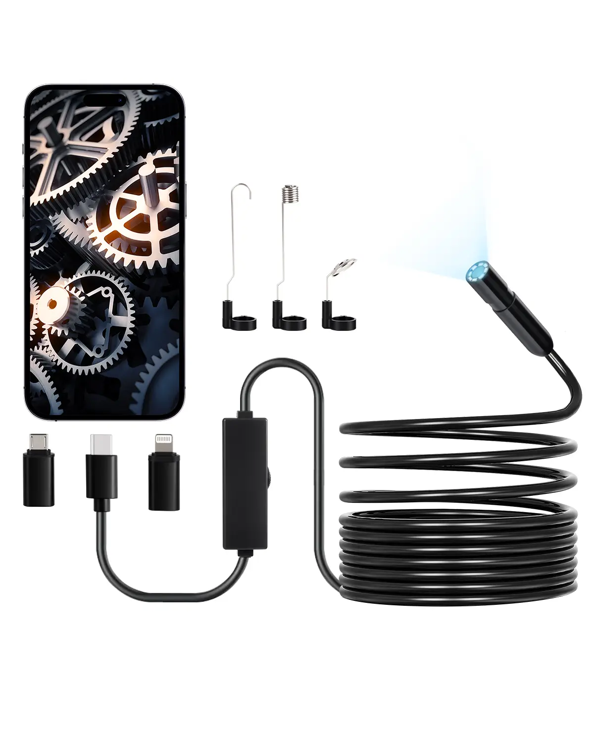 VEVOR Endoscope 5m cable semi-rigide, Full HD pour Android/iOS, 8 LED reglables, zoom, IP67. Pour auto et plomberie.