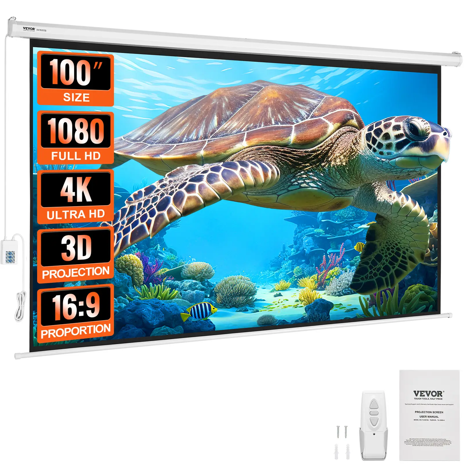 VEVOR Ecran de Projection Motorisé 100 pouces 16:9 HD, Toile Anti-Plis, Télécommande.