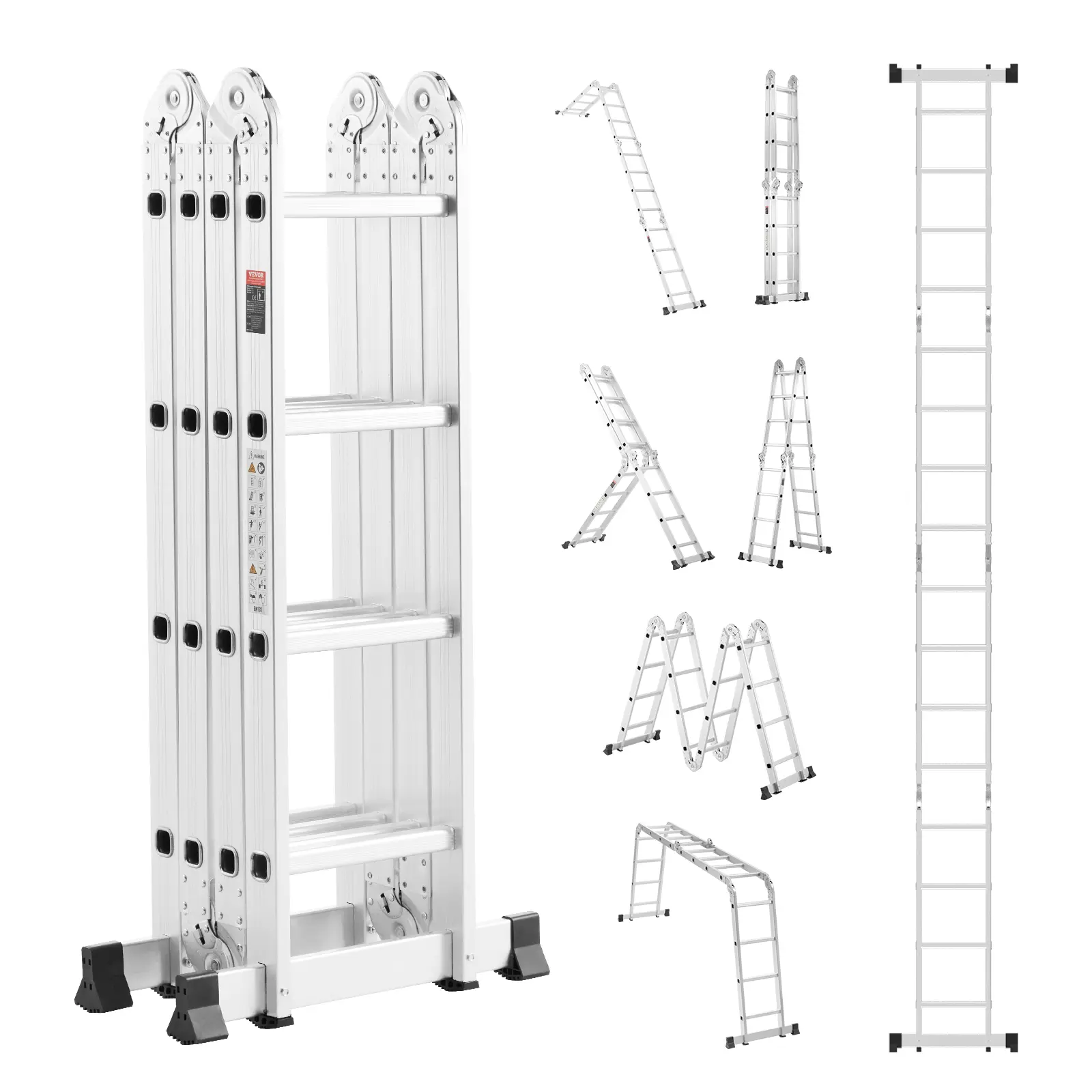 VEVOR Échelle pliante 7-en-1, hauteur portée 4,6 m, charge 150 kg. Barre équilibre, cadre 4 marches, extérieur/intérieur.