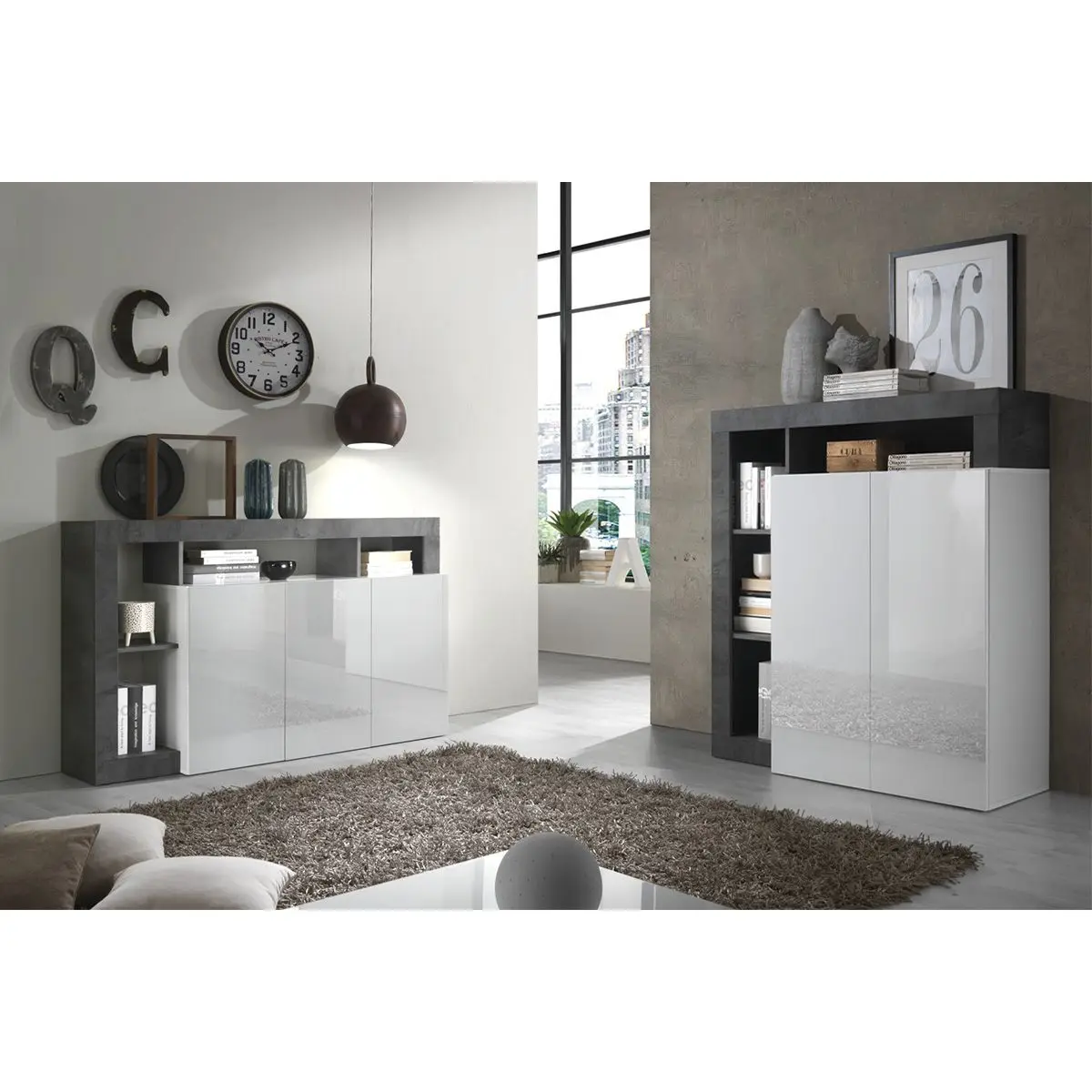 Ensemble Buffet 3P + Meuble Bar Blanc Laqué Niches Aspect Oxyde – ARTURO