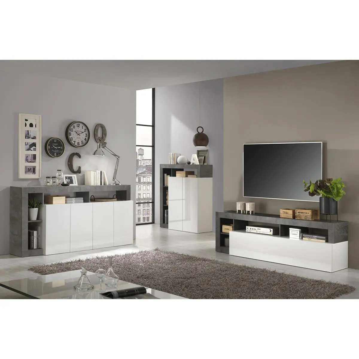 Ensemble Buffet 4P + Meubles TV et Bar Blanc Laqué Niches Aspect Oxyde – ARTURO