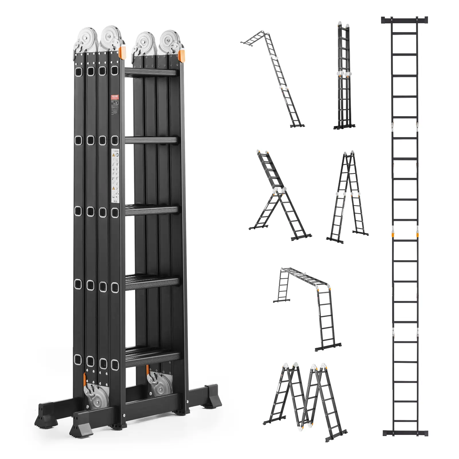 VEVOR Échelle pliante 7-en-1, hauteur portée 5,8 m. Barre équilibre, charge 150 kg.
