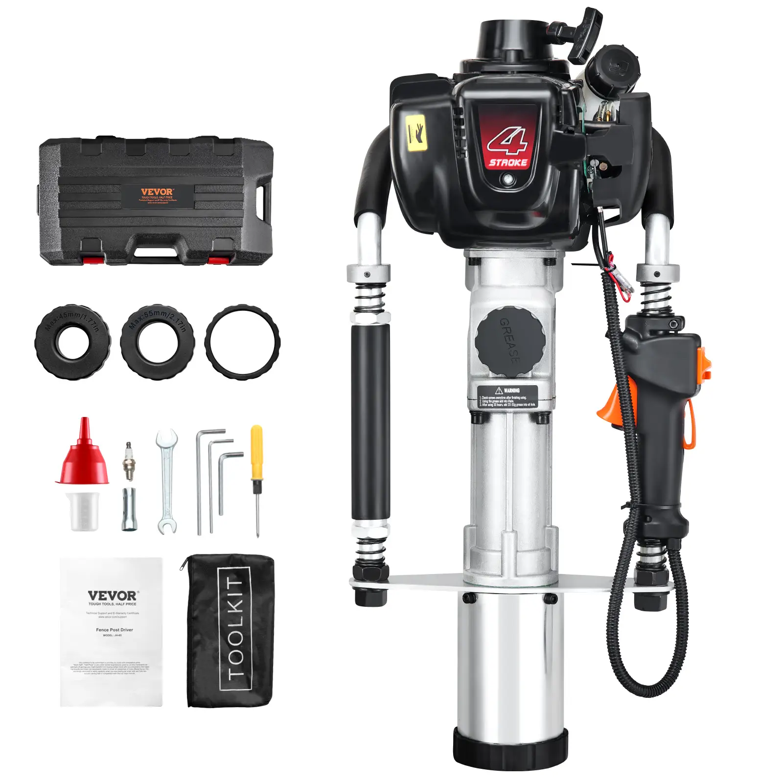 VEVOR Enfonce-poteau essence 37,77 cc, 4 temps, 1000 W. Têtes 45/55/88 mm, pour clôtures ferme.