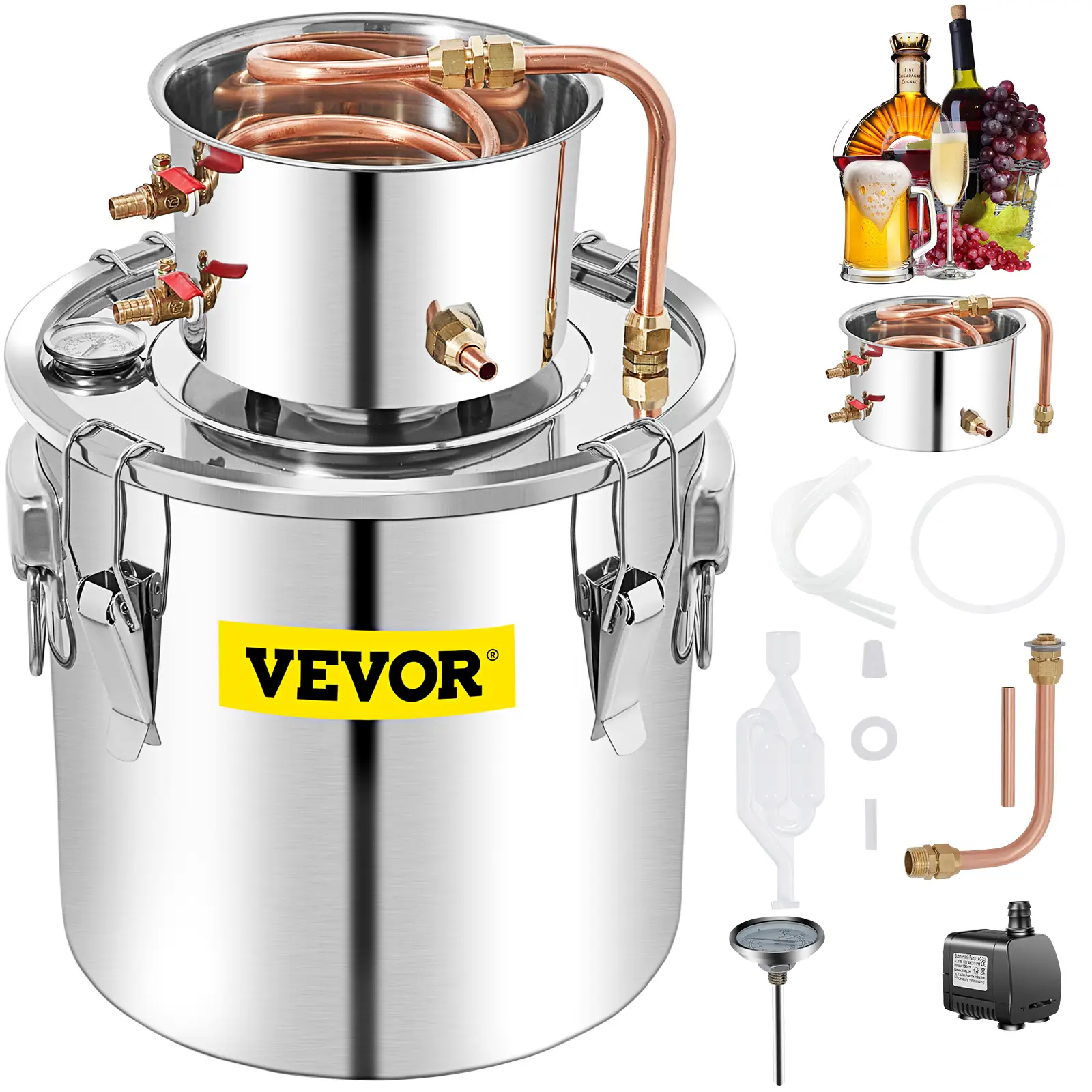 VEVOR Distillateur Alambic 50L, chaudière inox 6.92kg, refroidissement rapide avec pompe à eau.