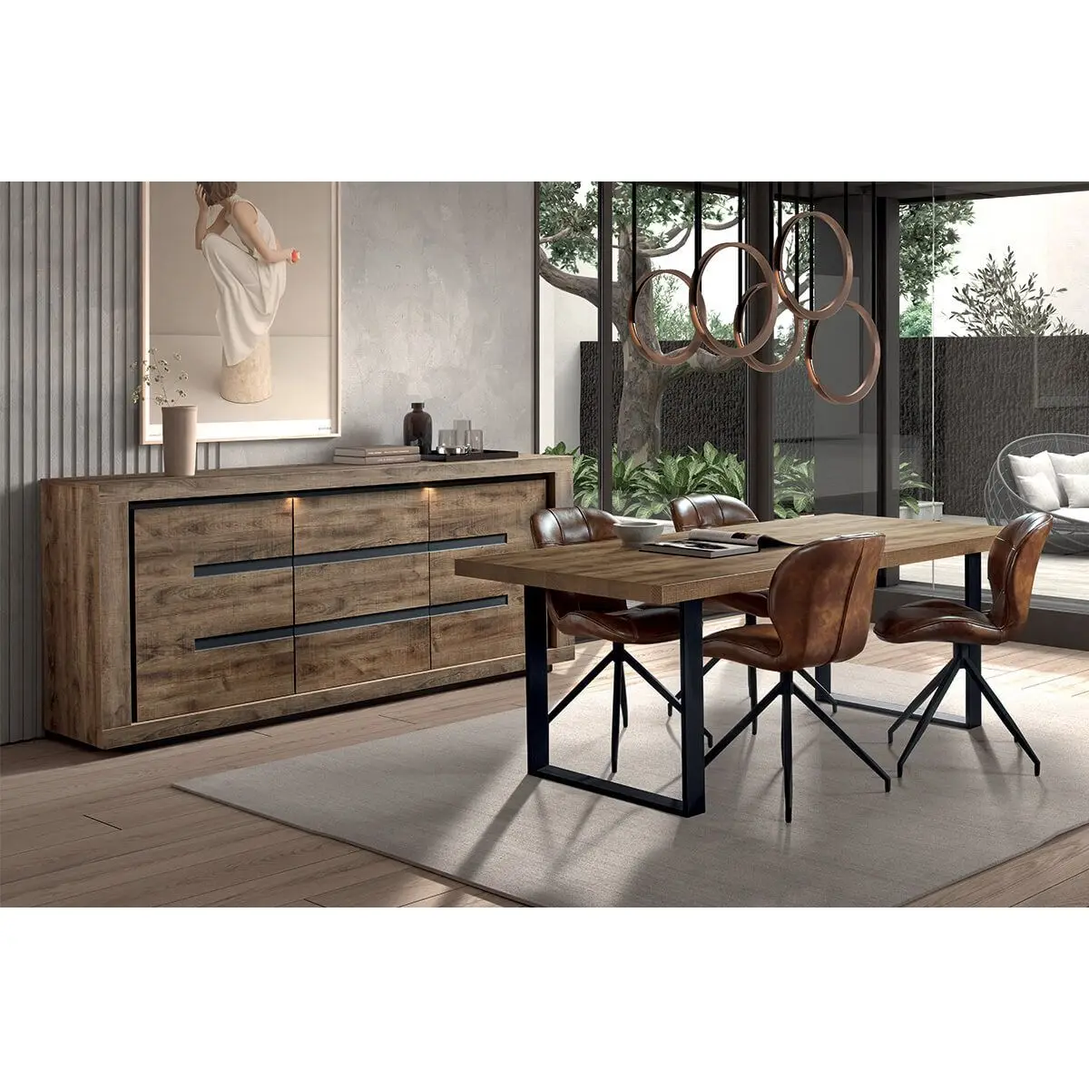 Ensemble Buffet 3 Portes et Table 200 cm Aspect Bois Finition Tropix Piètement U Métal Noir – ANTONIN