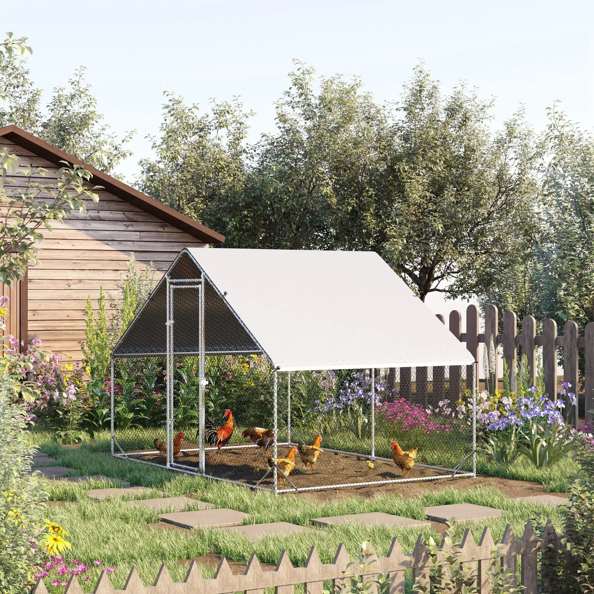 Enclos Poulailler Extérieur Acier Galvanisé 6m² Poules Lapins Toit Bâche 3x2x2m Argent – ComfortXL Pet Living