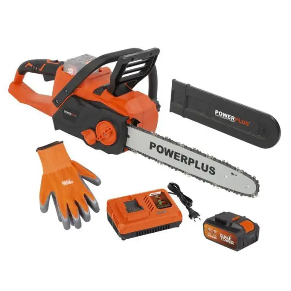 Dual Power Tronçonneuse a Batterie POWDPGSET33 – 40 V,Guide de 350 mm, Batterie et Chargeur Inclus