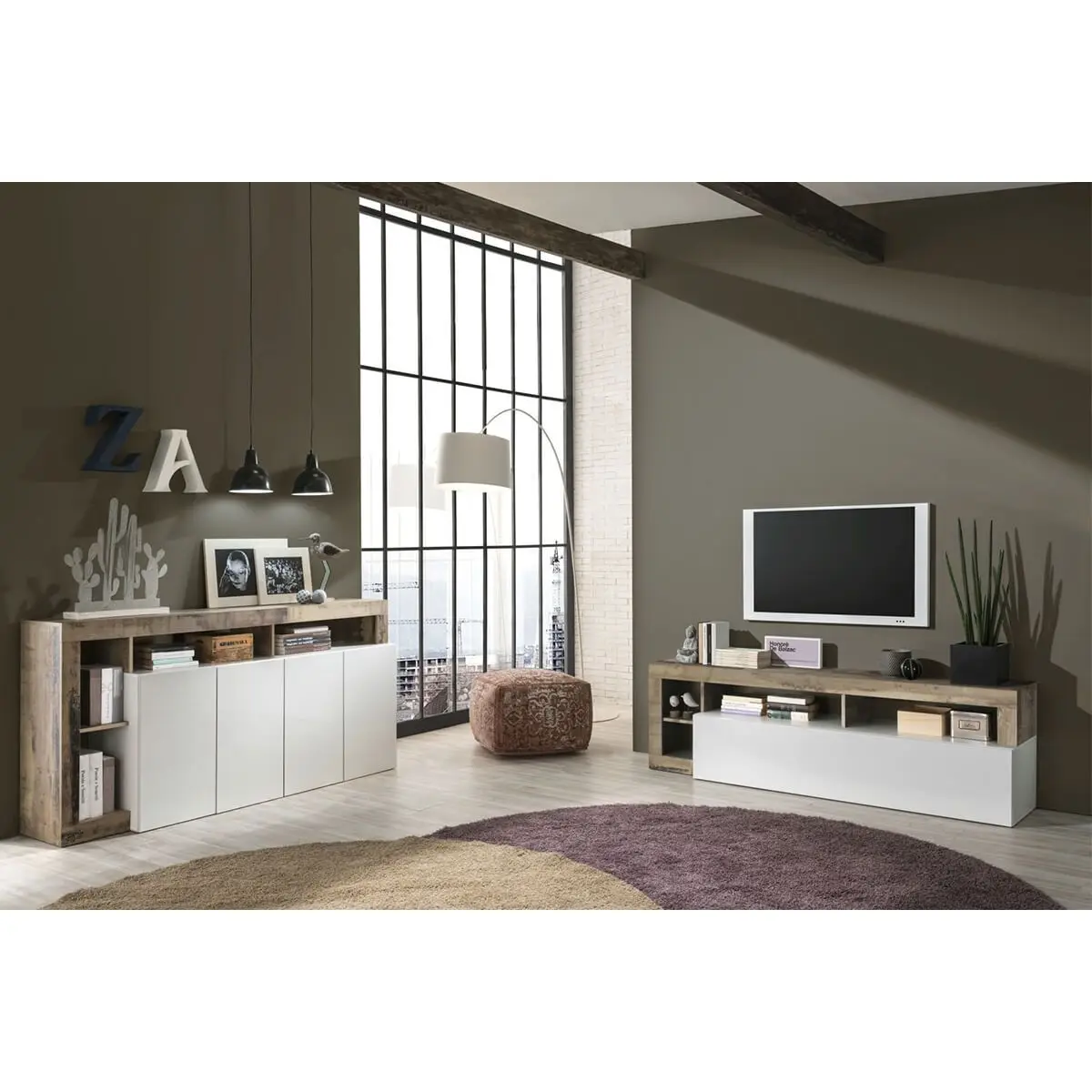 Ensemble Buffet 4P + Meubles TV Blanc Laqué Niches Aspect Bois Antik – ARTURO