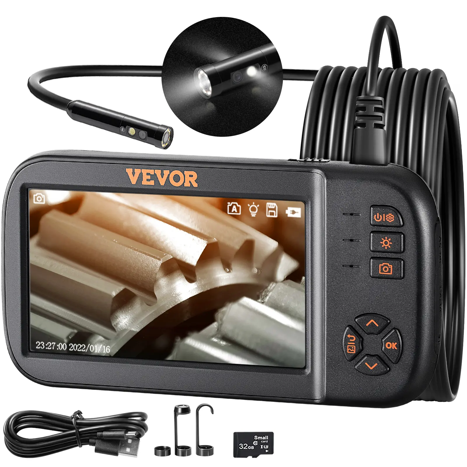 VEVOR Endoscope triple objectif, écran IPS 4,5″. Câble 5 m, 8 lumières, batterie 2860 mAh, étanche IP67. Pour auto/vidange.