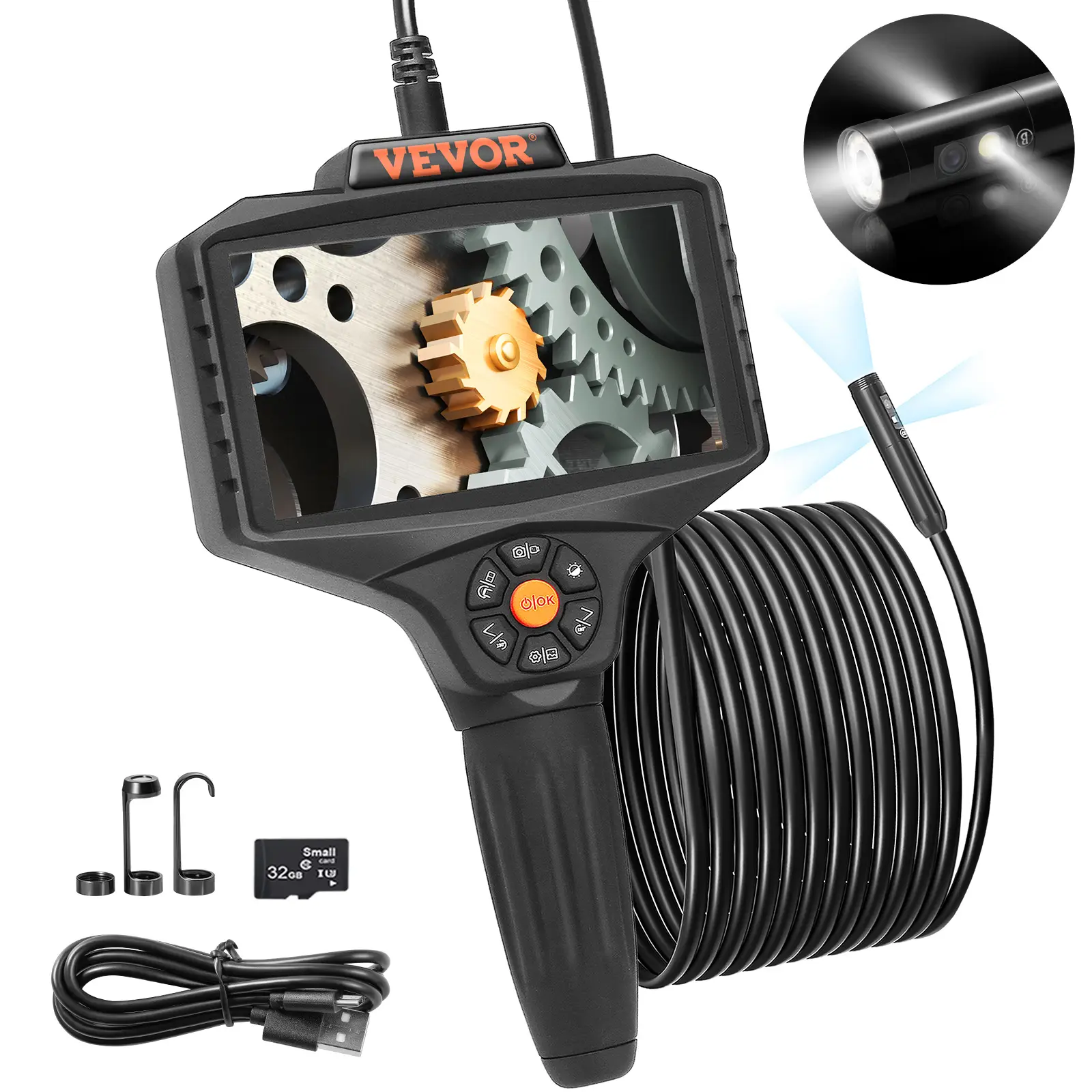 VEVOR Endoscope triple objectif, écran IPS 5″ divisé, zoom 8x. Câble 5 m, carte 32 Go, étanche IP67. Pour plomberie/auto.