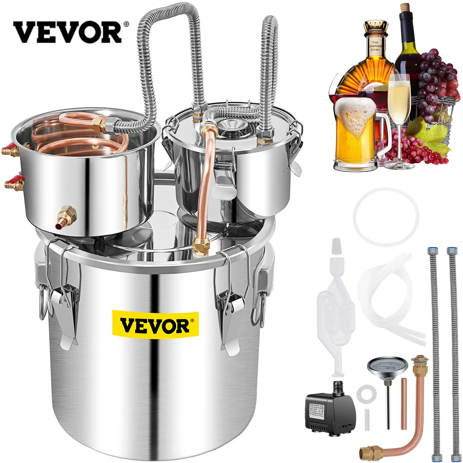 VEVOR Distillateur Alambic 50 L, Chaudière à Spiritueux Inox 6,92 kg, Refroidissement Rapide avec Pompe.