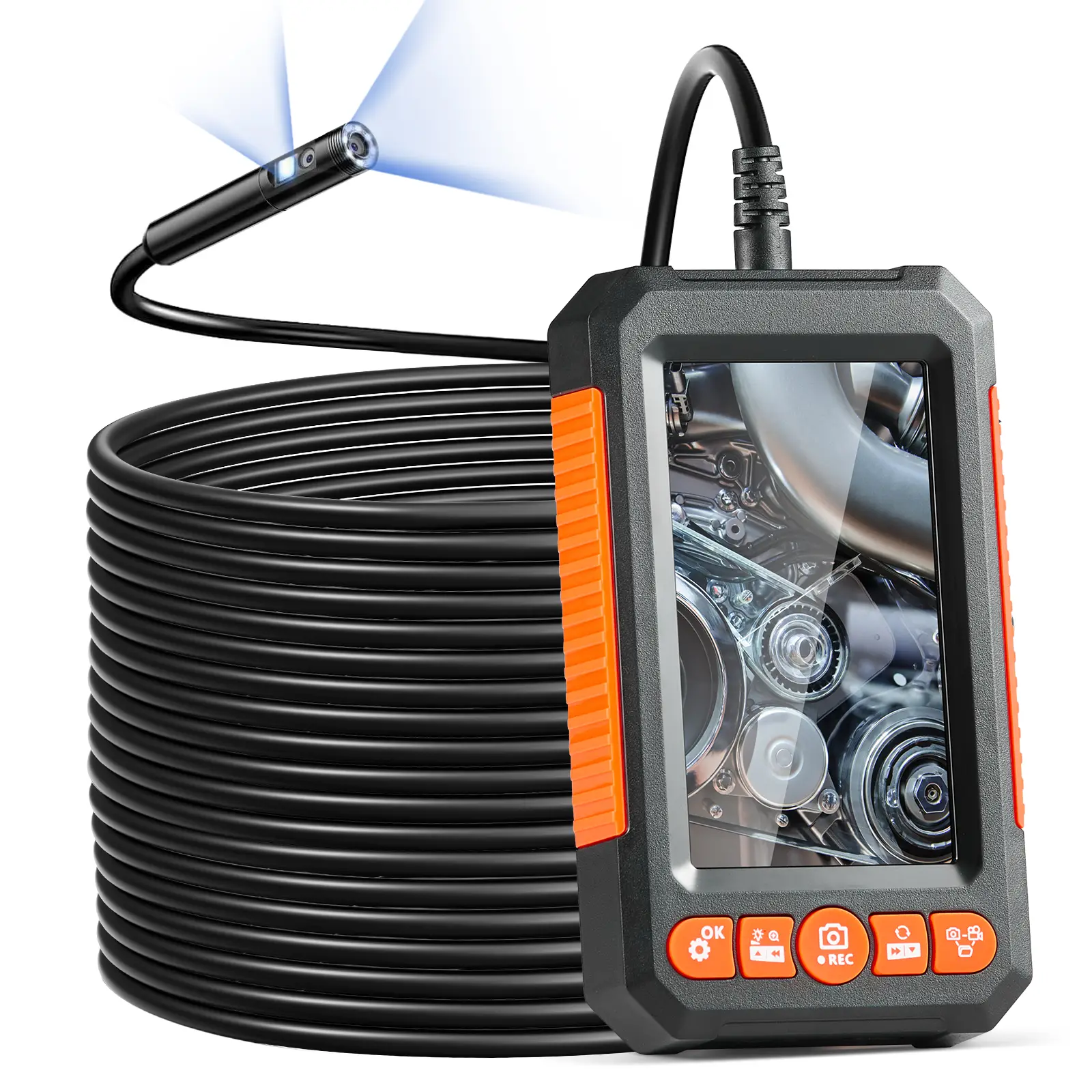 VEVOR Endoscope double objectif: 8+1 LED, ecran IPS 4.3, cable 15m semi-rigide, zoom 4X, 1080P, IP67, pour auto et plomberie.