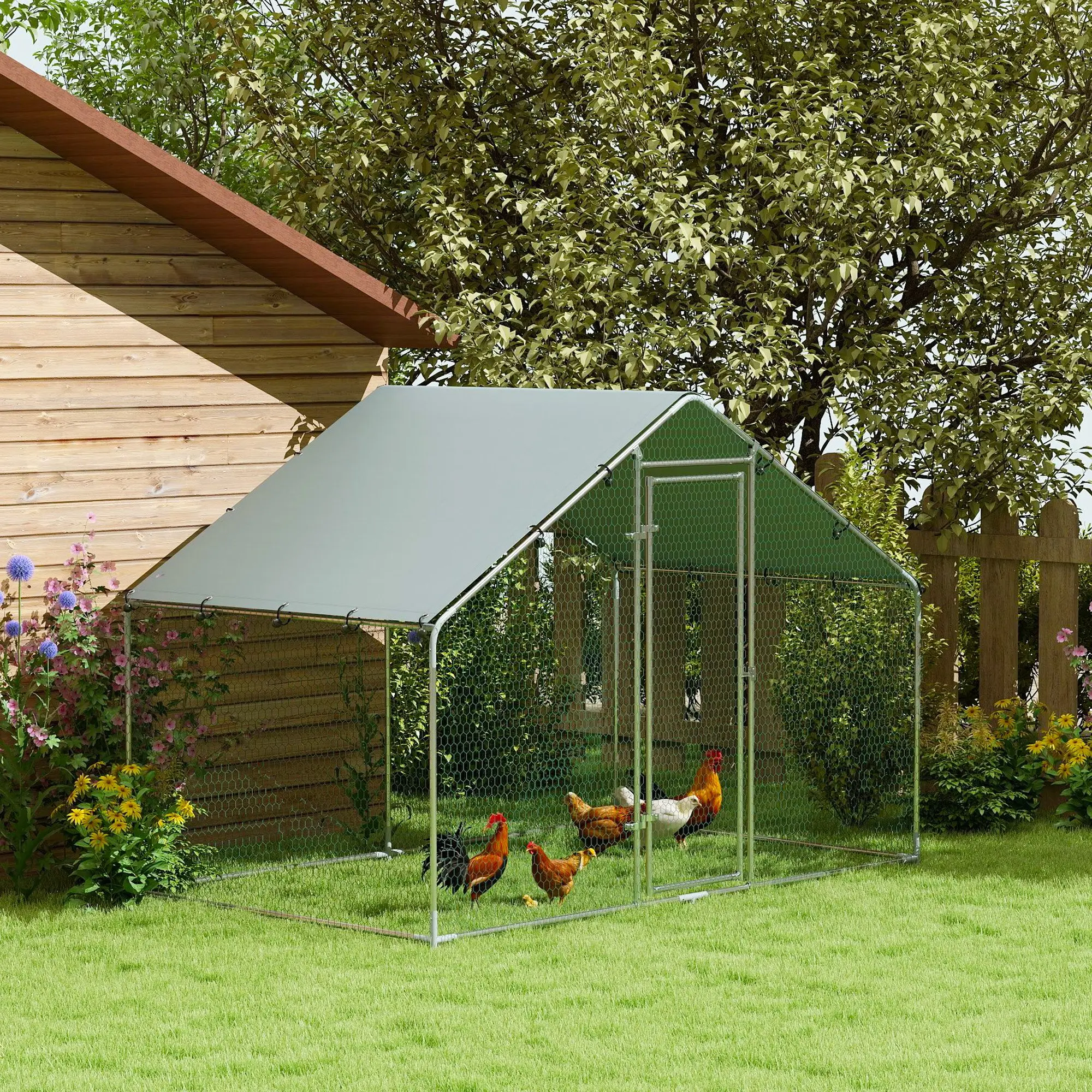 Enclos Poulailler Acier Galvanisé 5.1m² Extérieur Parc Grillagé Toit Étanche 3×1,7m Argent – ComfortXL Pet Living