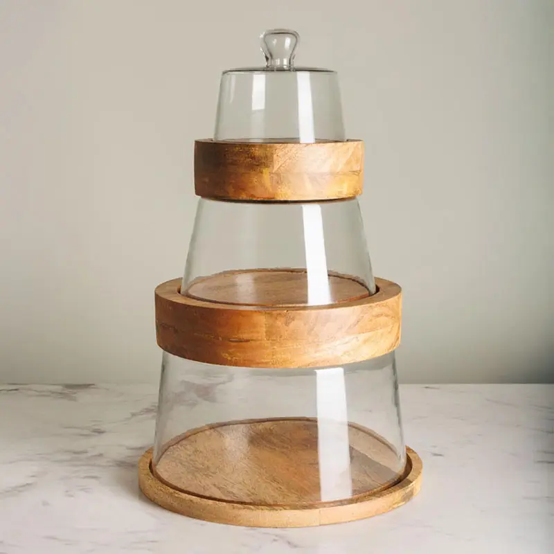 Ensemble 3 plateaux et cloches superposables verre et manguier 46x30x30cm