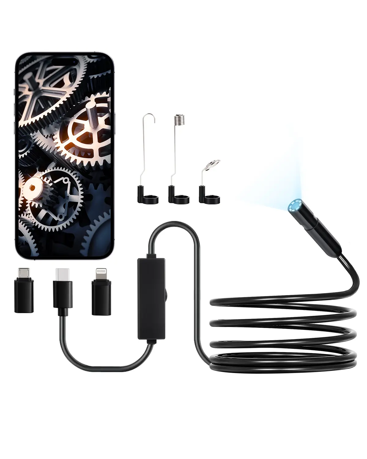 VEVOR Endoscope 3m cable semi-rigide, Full HD pour Android/iOS, 8 LED reglables, zoom, IP67. Pour auto et plomberie.