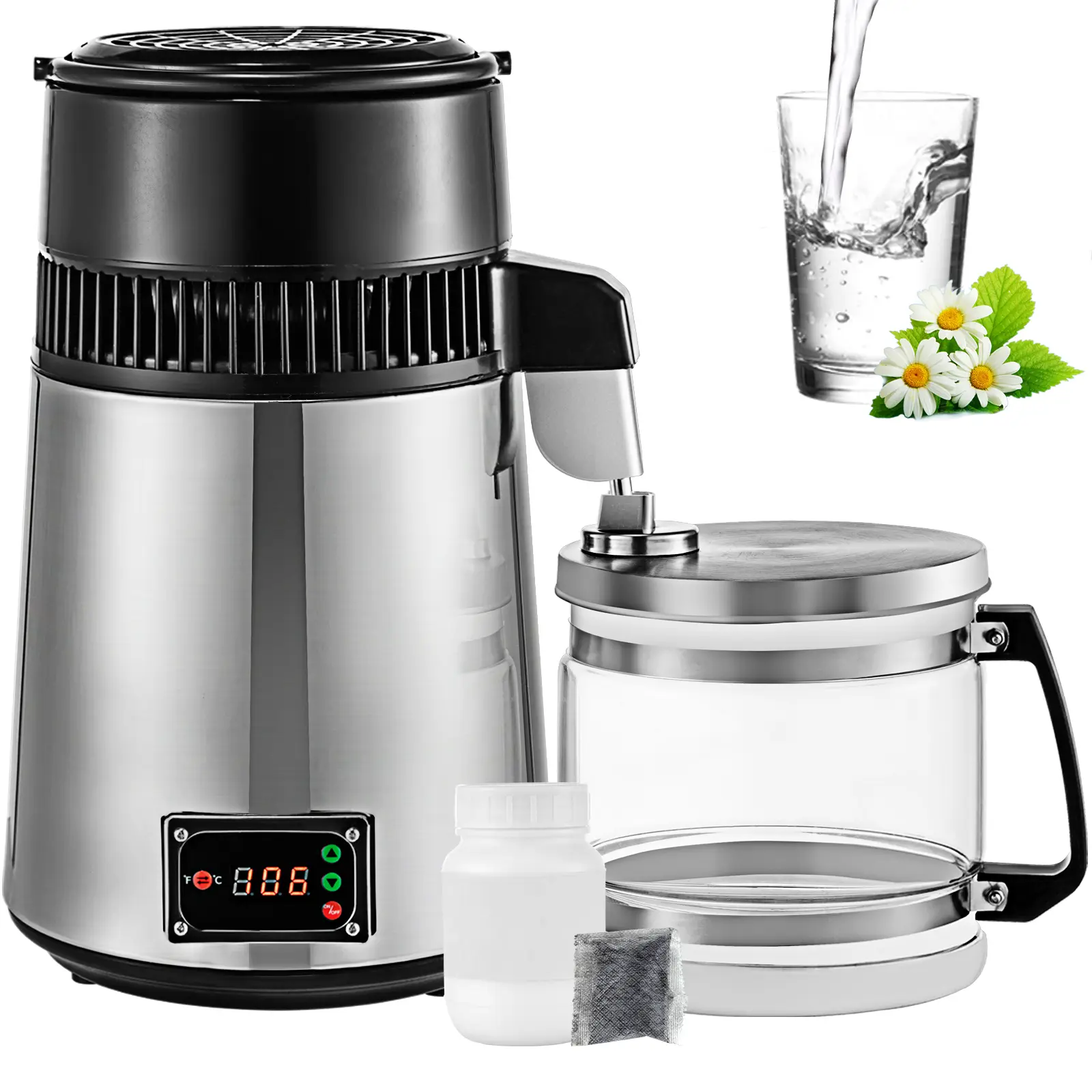 VEVOR Distillateur d’eau en acier inoxydable 750W, 4L, avec bouteille en verre. Pour eau pure.