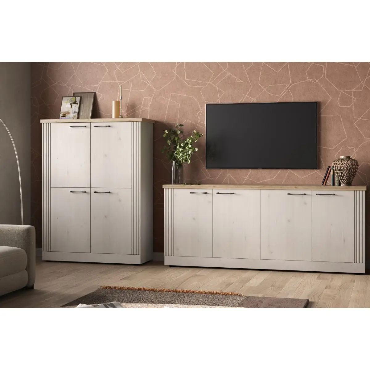 Ensemble Buffet 4 Portes et Rangement Chêne Blanchi et Chêne clair – NASHVIL