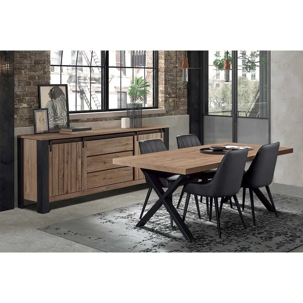 Ensemble Buffet et Table 170 cm Aspect Bois Piètement X Métal Noir – CLODIUS