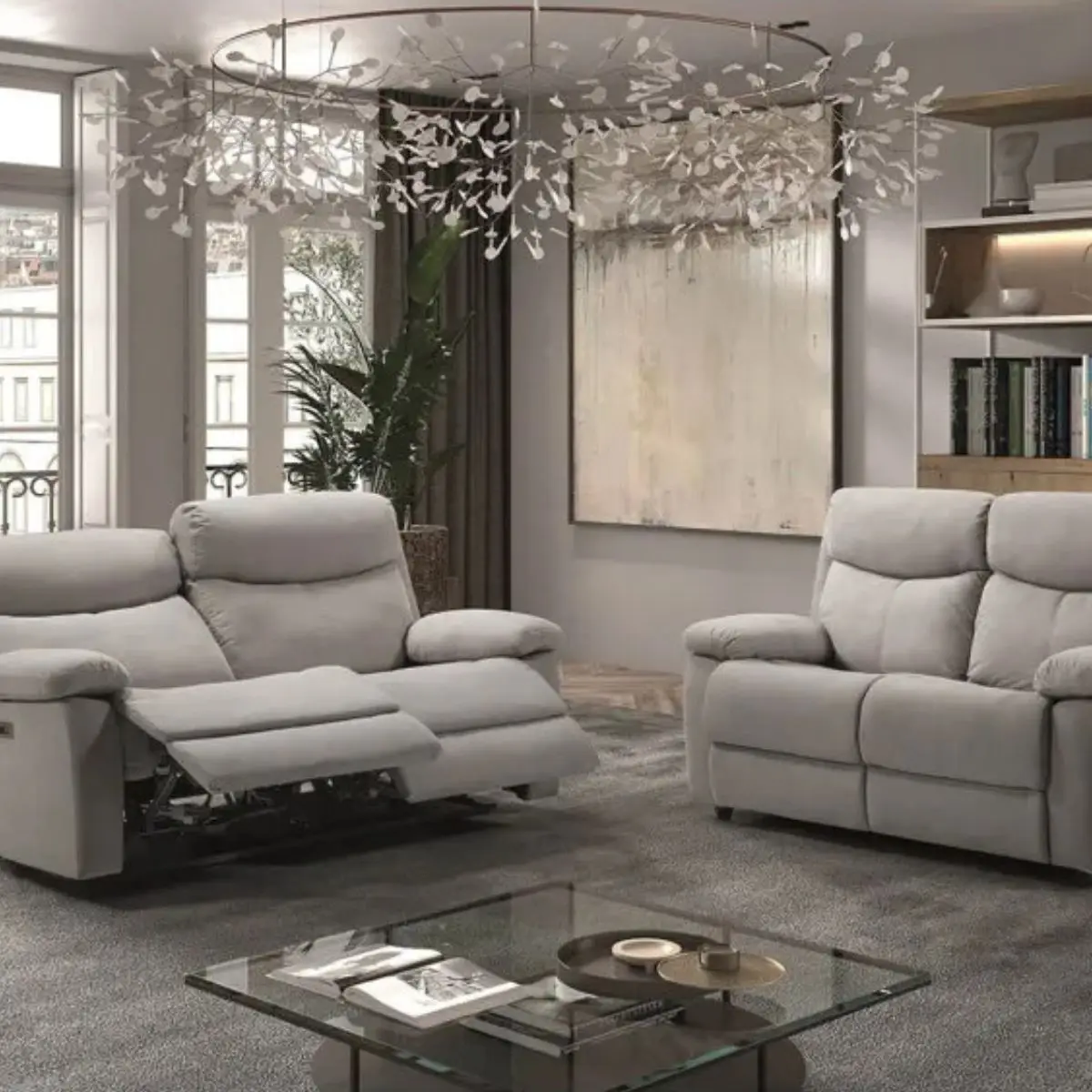 Ensemble 2 Canapés Fixe 2 Places et Relax Electrique Tissu Gris – TARIFA