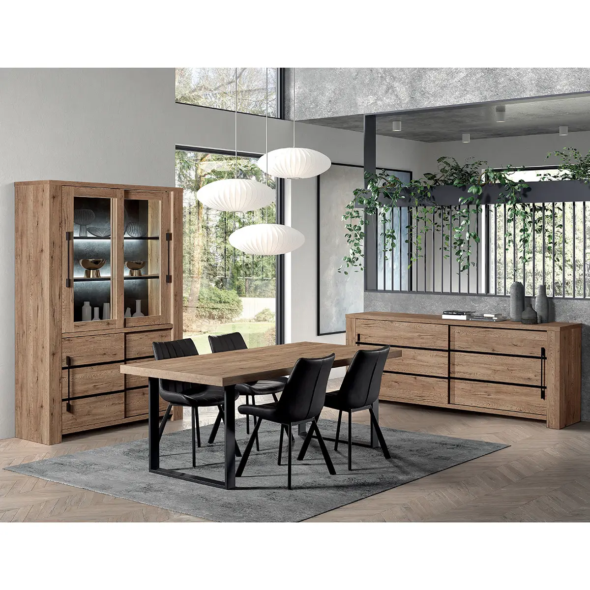 Ensemble Buffet + Vitrine + Table 200cm Aspect Bois – NILLA