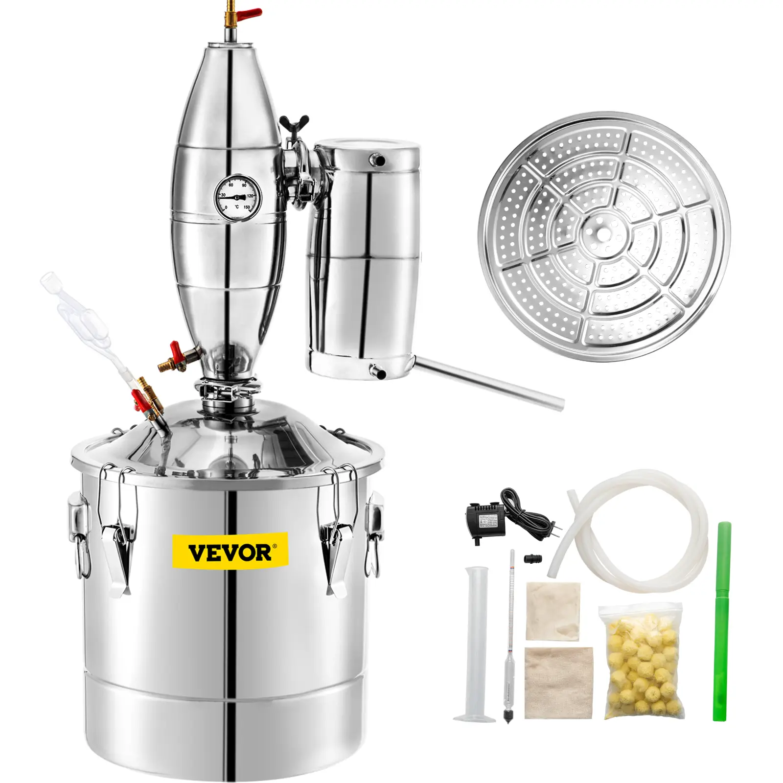 VEVOR Distillateur alambic 30L inox, avec thermomètre, pompe, tour de redressement, pour fermentation.