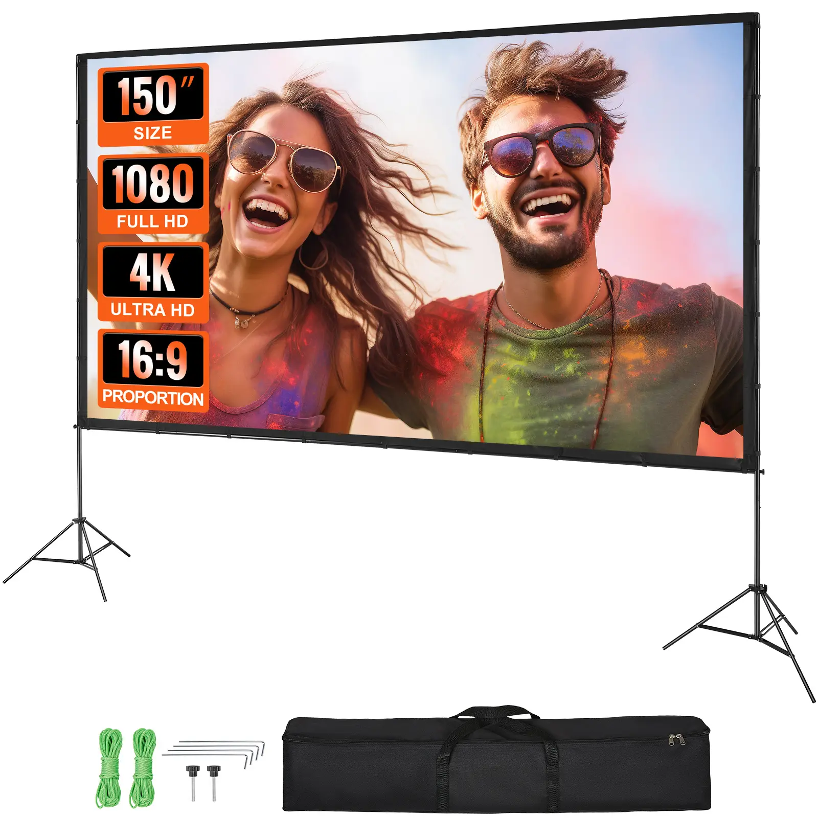 VEVOR Écran projection sur pied portable 150 pouces 16:9 HD, double face anti-plis, sac.