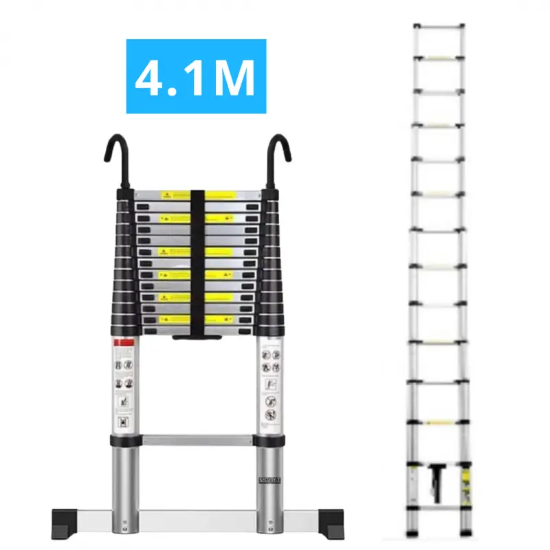 Echelle télescopique aluminium 14 marches H 4,1M avec crochets démontables et barre stabilisatrice SECURY-T