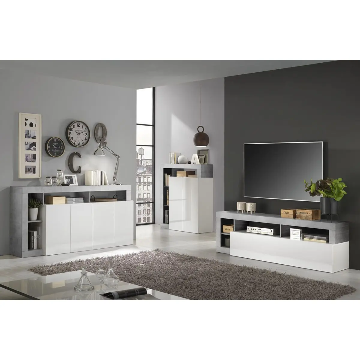 Ensemble Buffet 4P + Meubles TV et Bar Blanc Laqué Niches Aspect Cimento – ARTURO