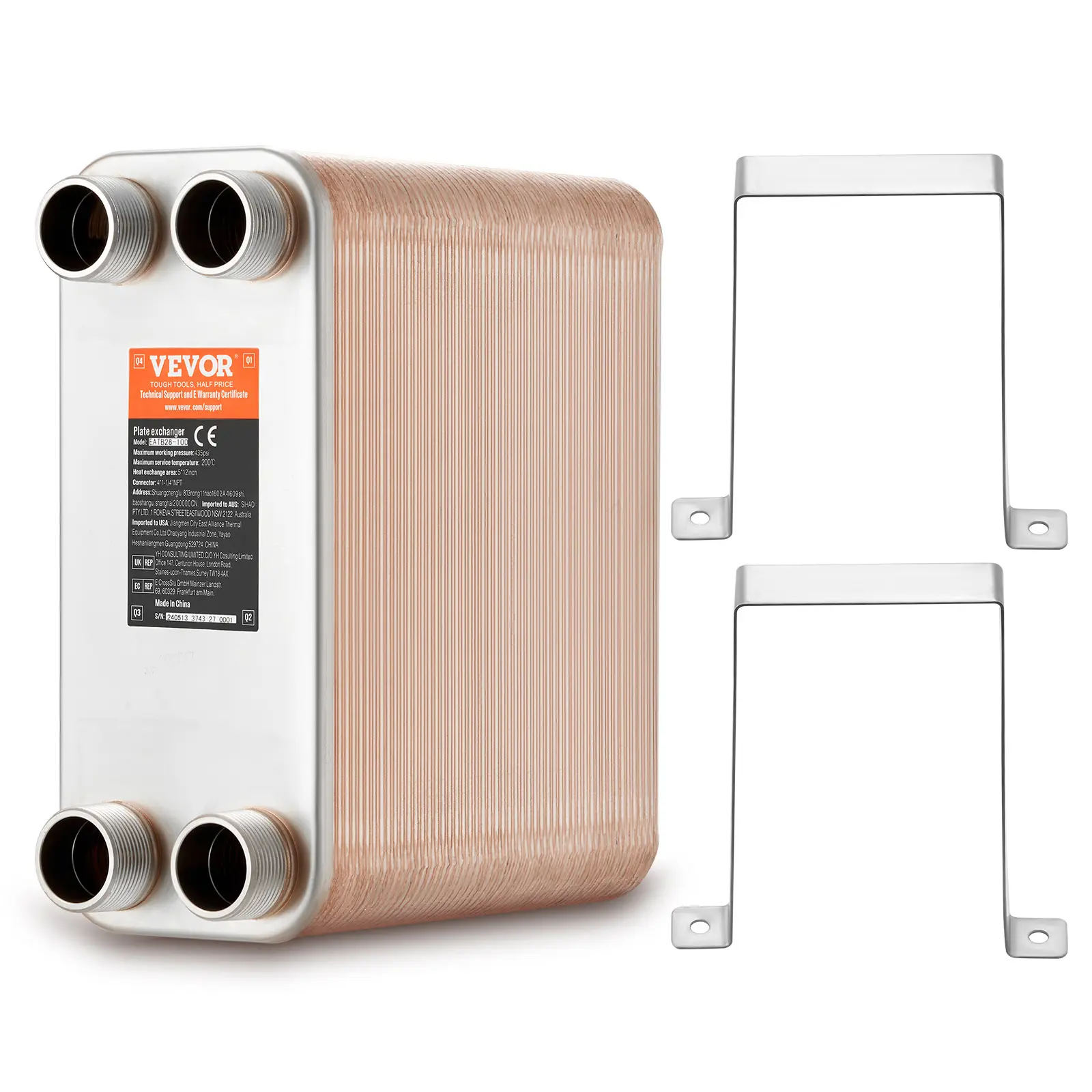 VEVOR Échangeur chaleur plaques brasées, 100 plaques. Cuivre/inox 316L, chauffage sol, eau.