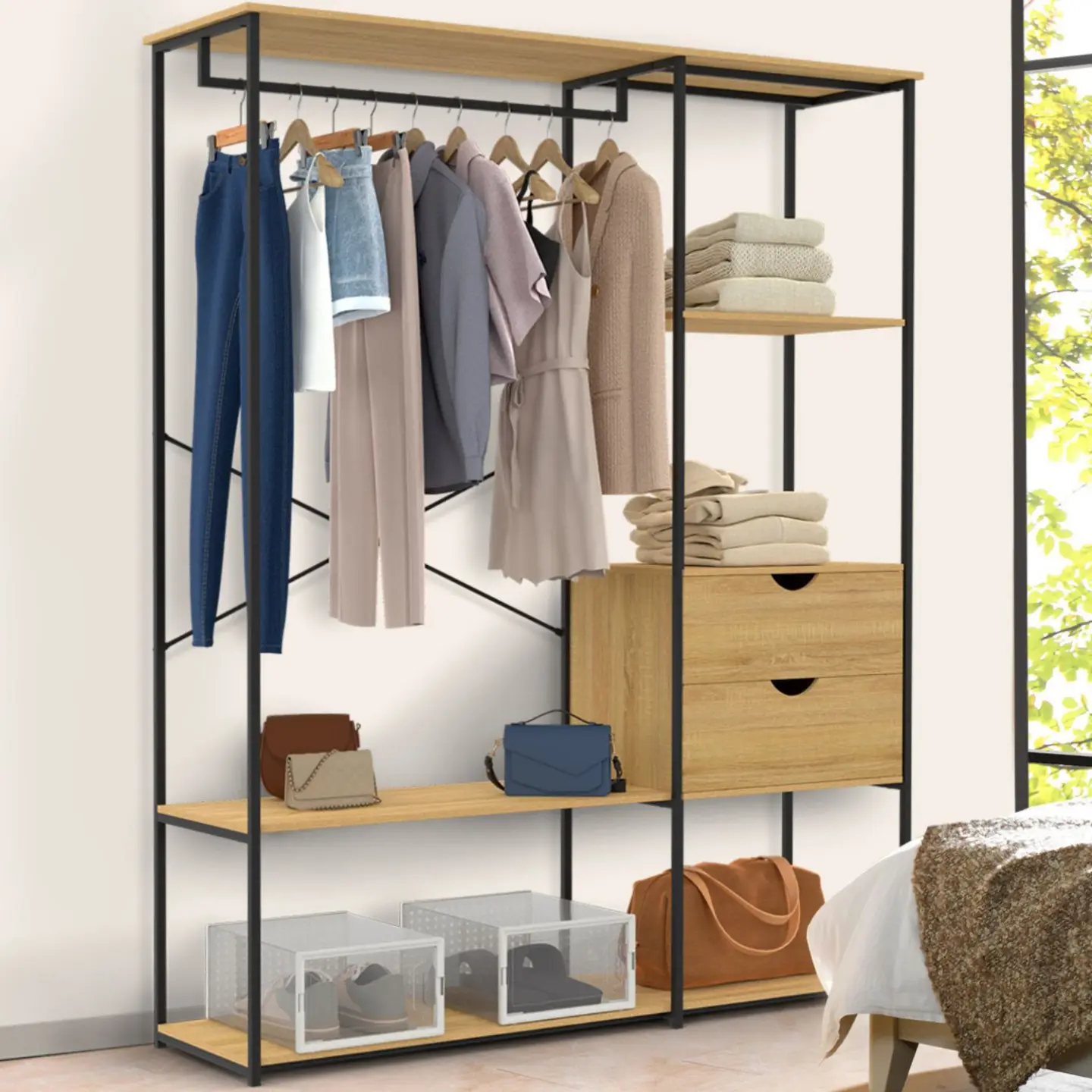 Dressing penderie avec étagères et 2 tiroirs L. 130 cm DETROIT design industriel